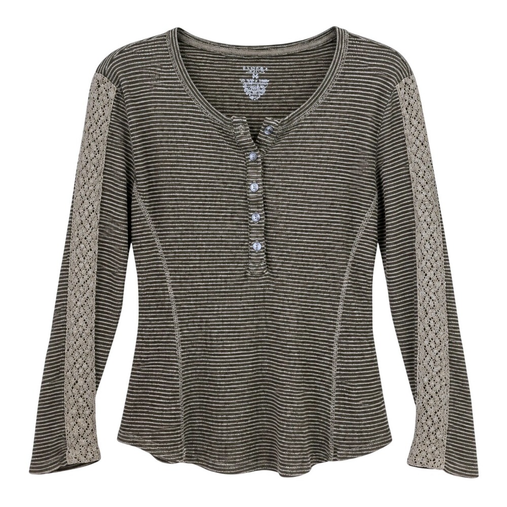 Sonoma Womens Petite Small Olive Green Striped Henley Crochet Long Sleeve Top